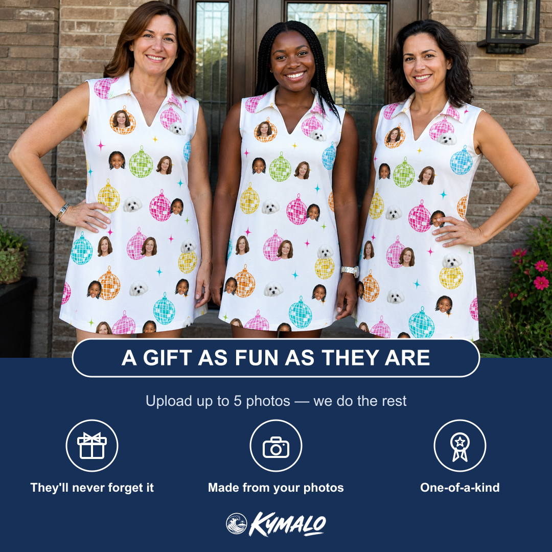 Friends in matching Women's Disco Darling Custom Face V-Neck Dress — a group gift photo