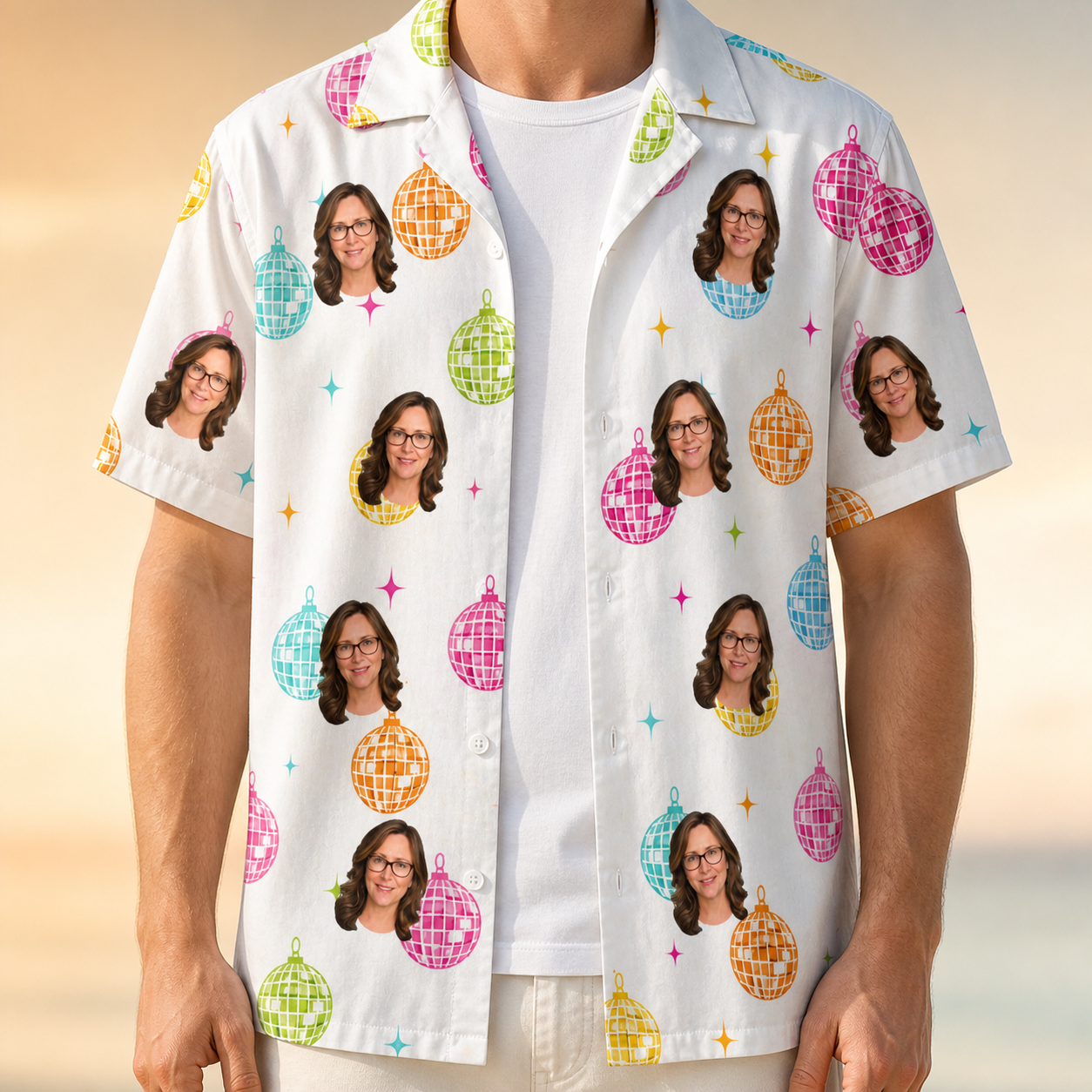 Man wearing Men's Disco Darling Custom Face Hawaiian Shirt open over a white tee