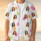 Man wearing Men's Disco Darling Custom Face Hawaiian Shirt open over a white tee