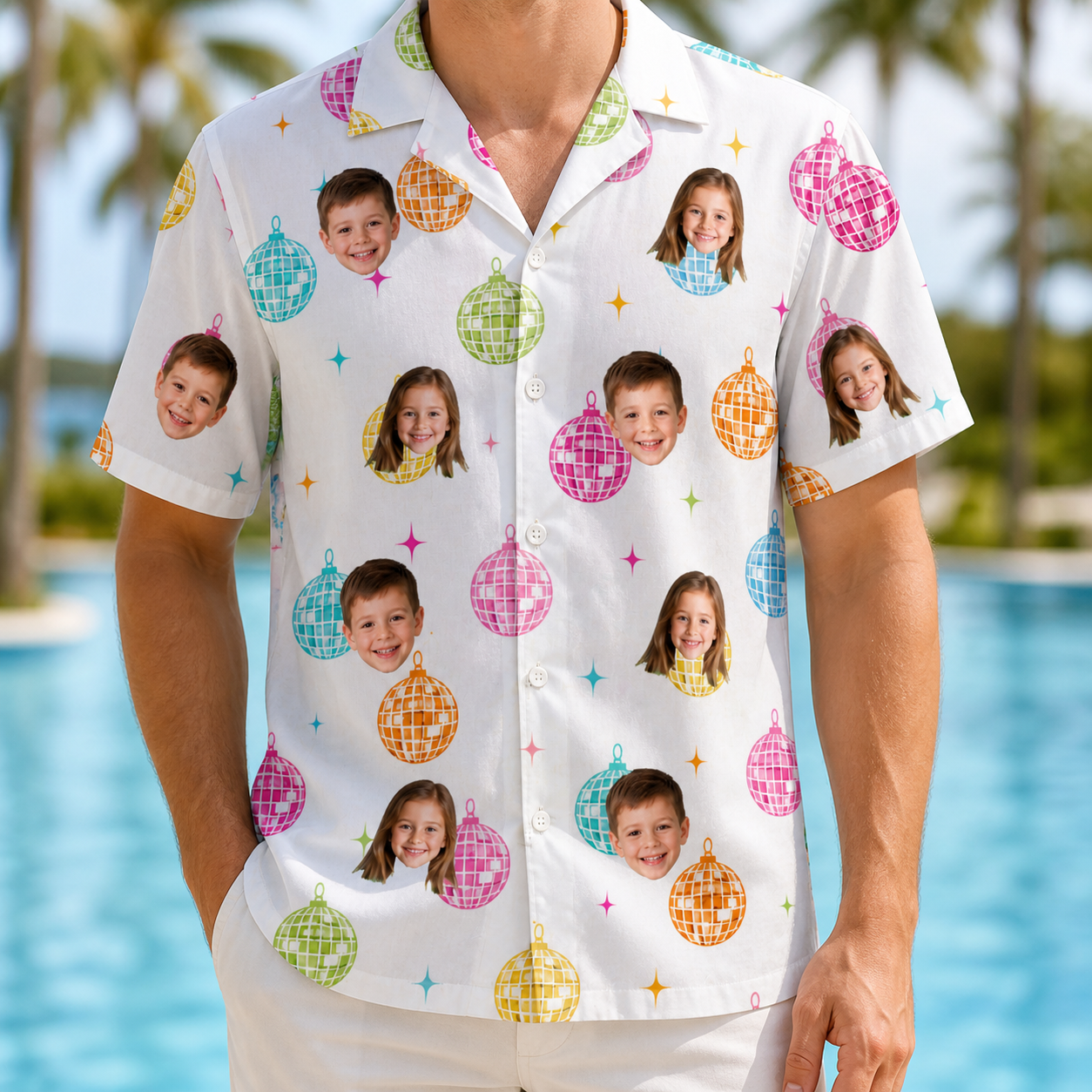 Model wearing Men's Disco Darling Custom Face Hawaiian Shirt printed with kids' faces