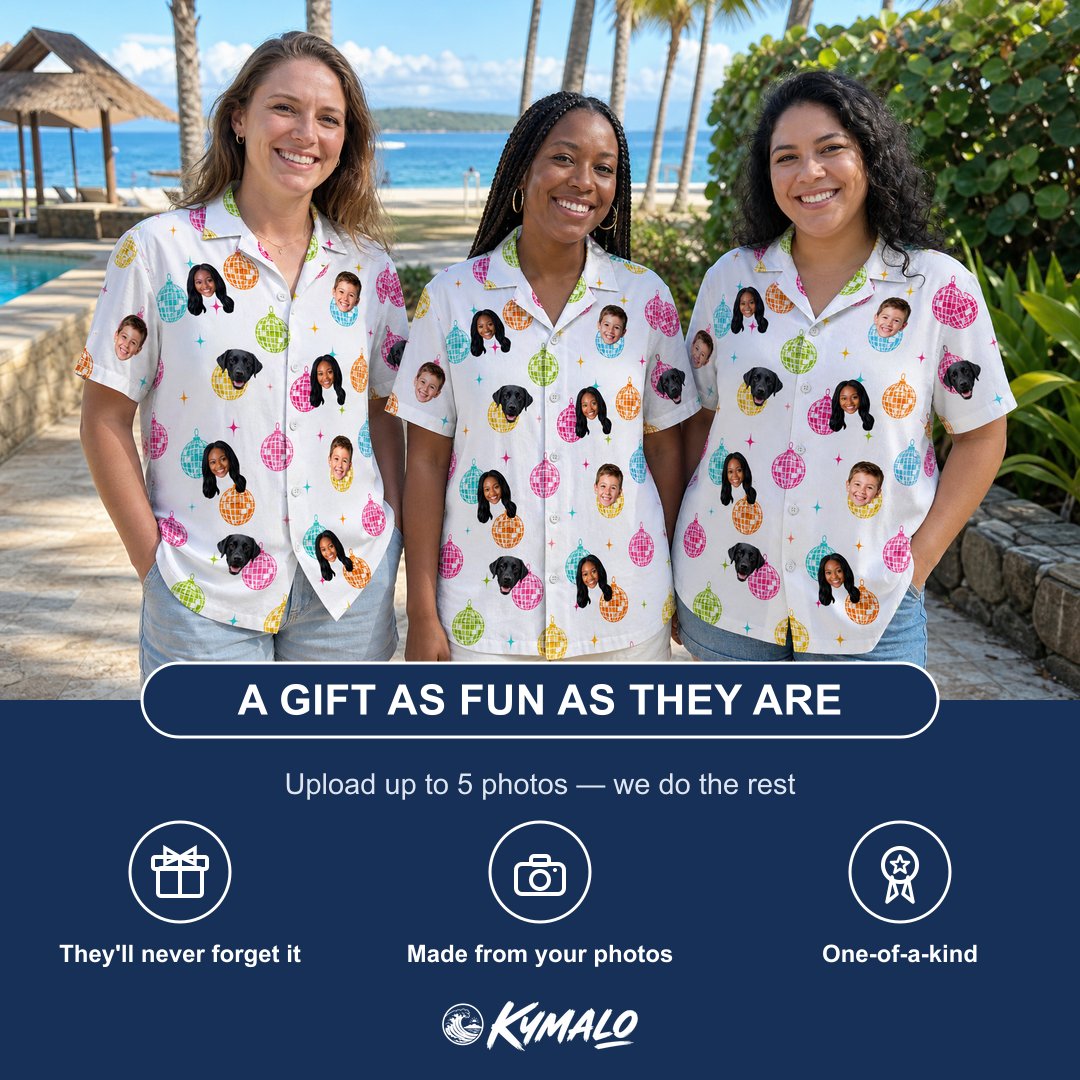 Friends in matching Women's Disco Darling Custom Face Hawaiian Shirt — a group gift photo