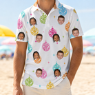 Model wearing Men's Disco Darling Custom Face Polo Shirt printed with kids' faces