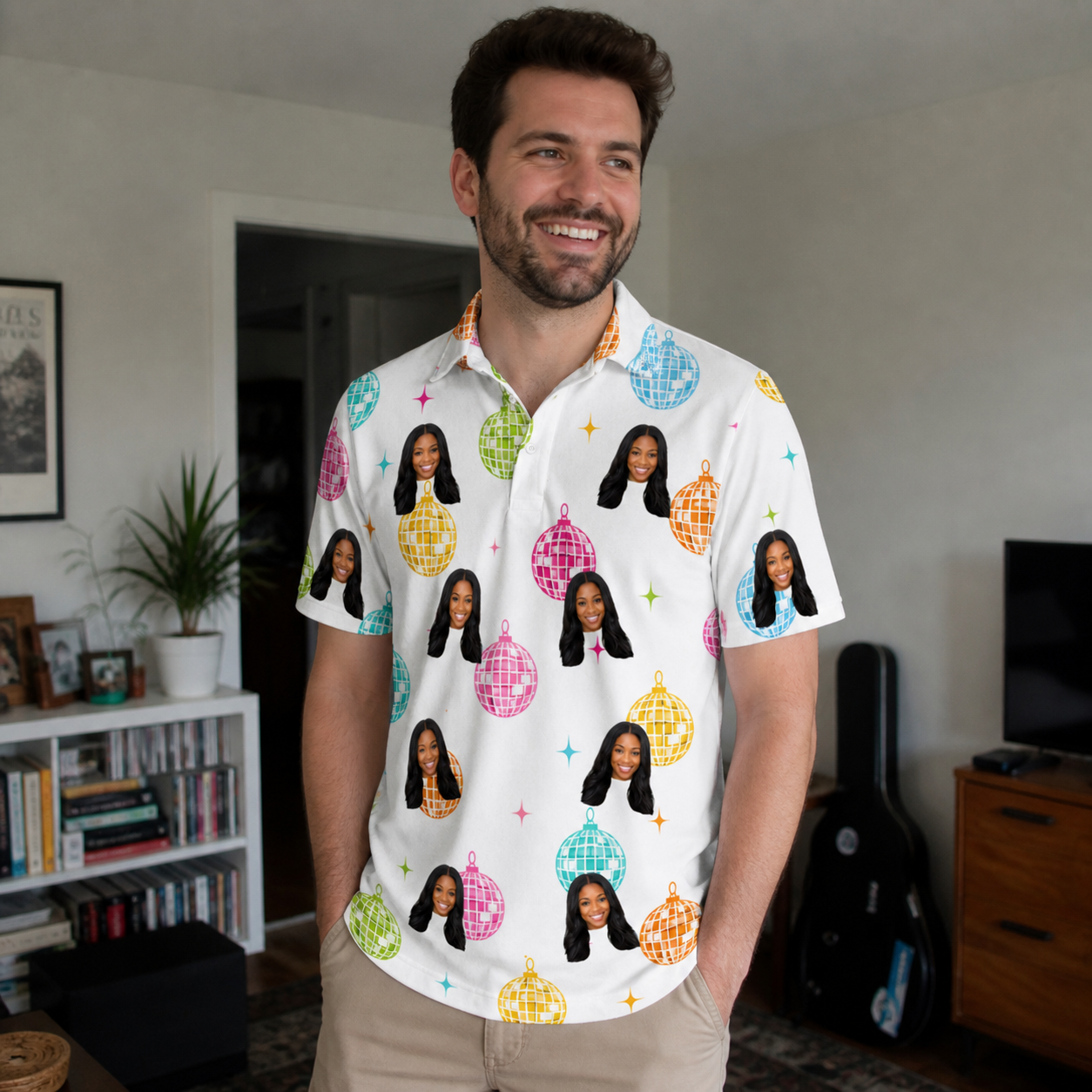 Real-life photo of someone wearing Men's Disco Darling Custom Face Polo Shirt — custom faces printed all-over