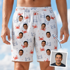 Man wearing Men's Crab Capers Custom Face Beach Shorts — custom faces printed all-over