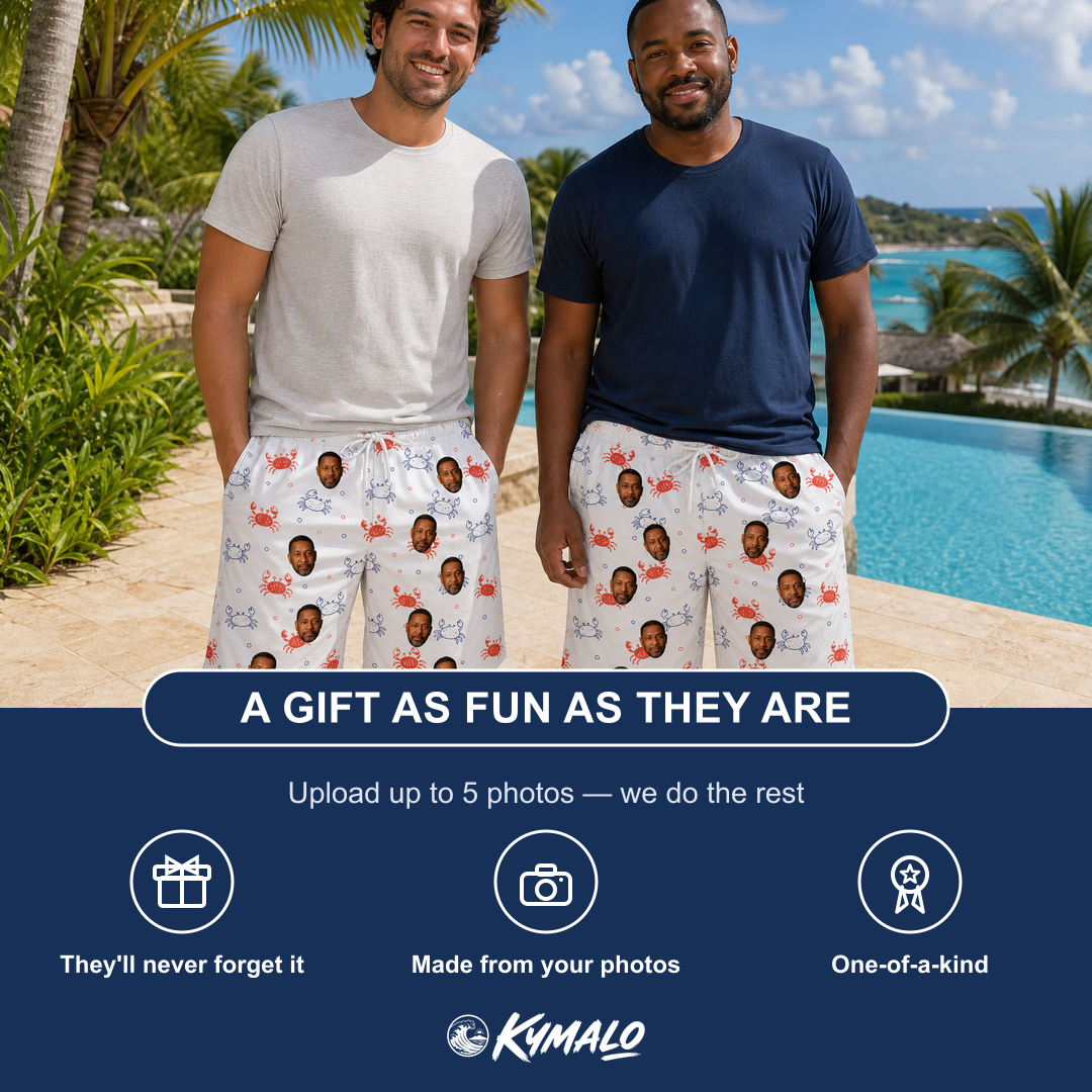 Friends in matching Men's Crab Capers Custom Face Beach Shorts — a group gift photo