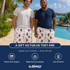 Friends in matching Men's Crab Capers Custom Face Beach Shorts — a group gift photo