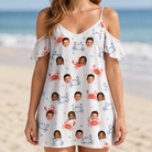Model wearing Women's Crab Capers Custom Face Off-Shoulder Dress printed with kids' faces