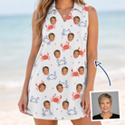 Woman wearing Women's Crab Capers Custom Face V-Neck Dress — custom faces printed all-over