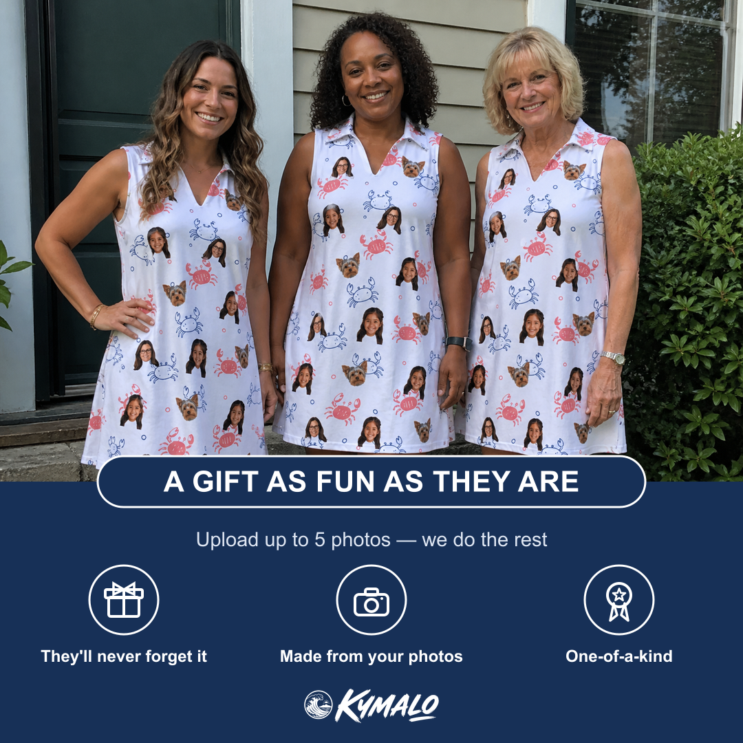 Friends in matching Women's Crab Capers Custom Face V-Neck Dress — a group gift photo