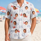 Model wearing Men's Crab Capers Custom Face Hawaiian Shirt printed with kids' faces