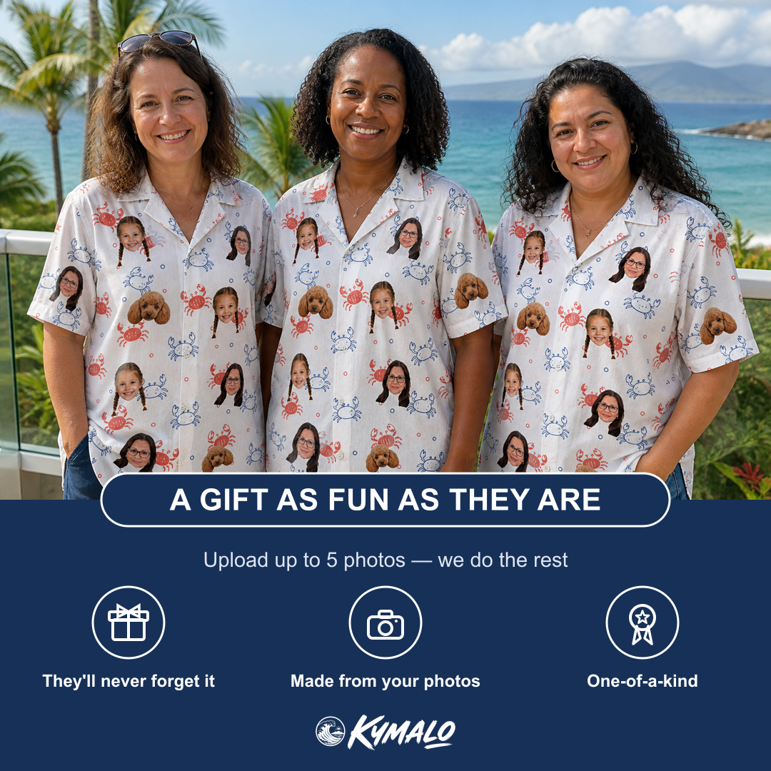 Friends in matching Women's Crab Capers Custom Face Hawaiian Shirt — a group gift photo
