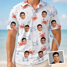 Man wearing Men's Crab Capers Custom Face Polo Shirt — custom faces printed all-over