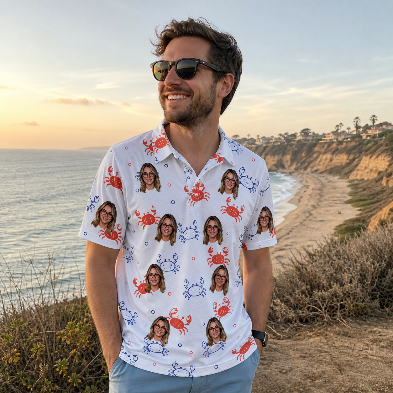 Real-life photo of someone wearing Men's Crab Capers Custom Face Polo Shirt — custom faces printed all-over