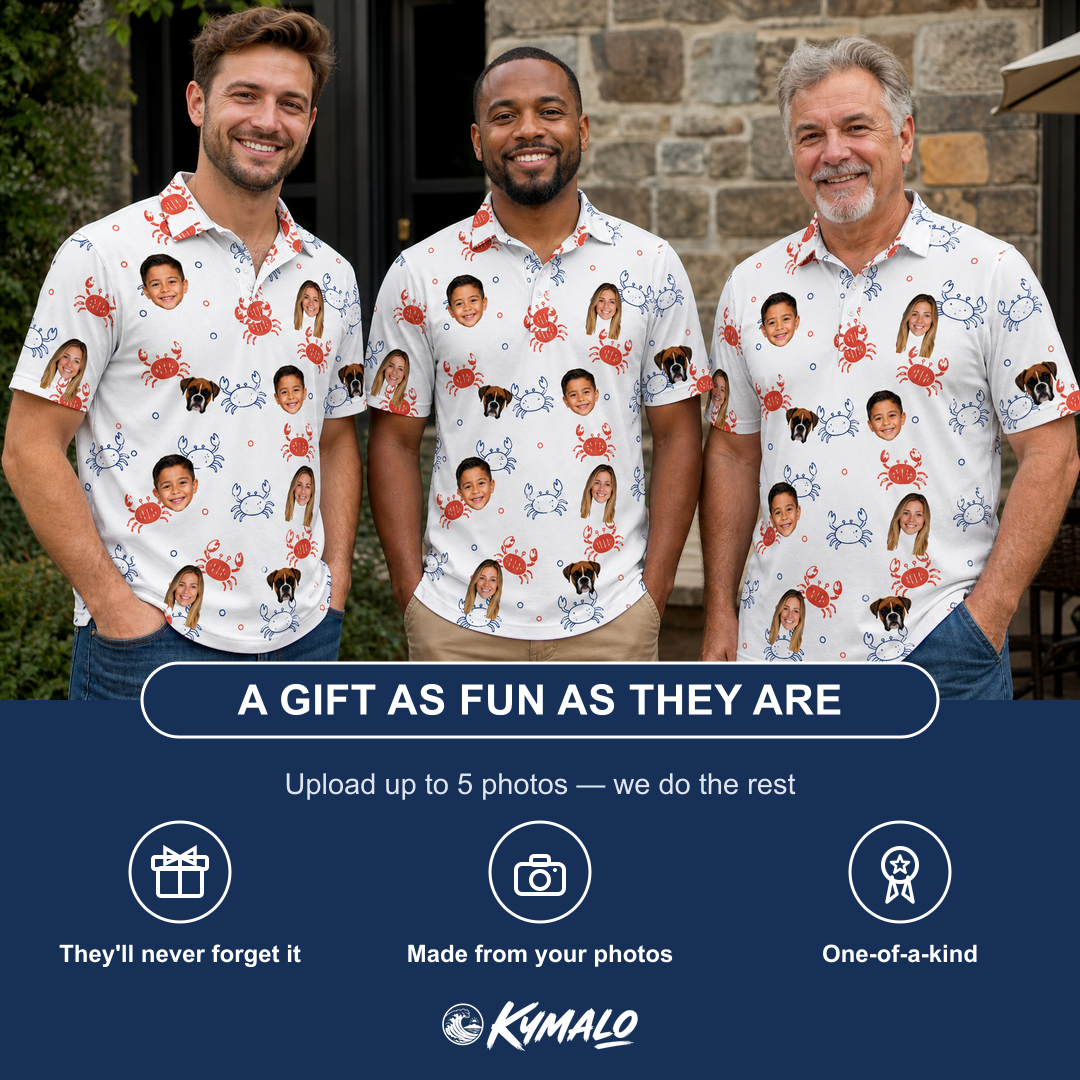 Friends in matching Men's Crab Capers Custom Face Polo Shirt — a group gift photo