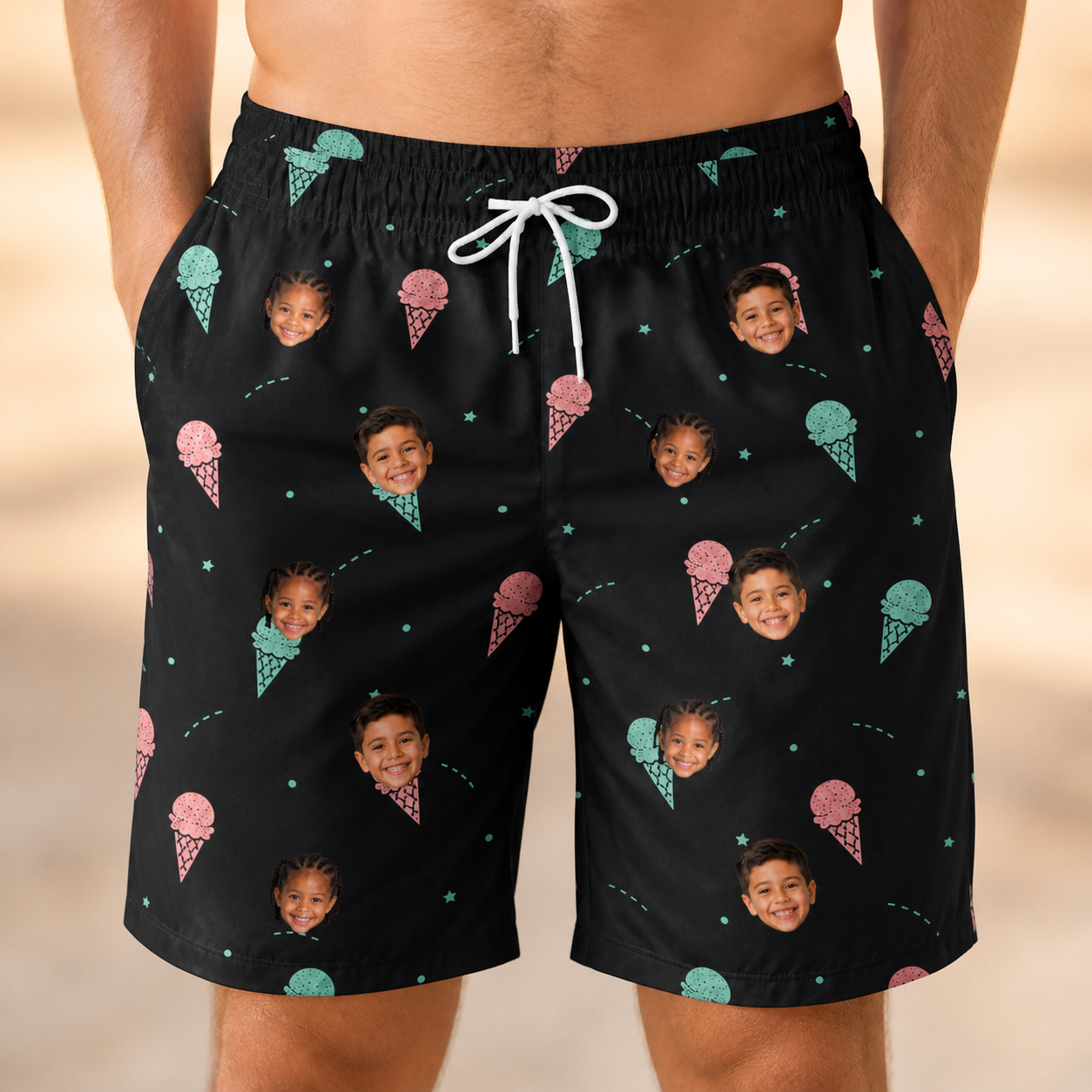 Model wearing Men's Sundae Shore Custom Face Beach Shorts printed with kids' faces