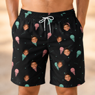 Model wearing Men's Sundae Shore Custom Face Beach Shorts printed with kids' faces