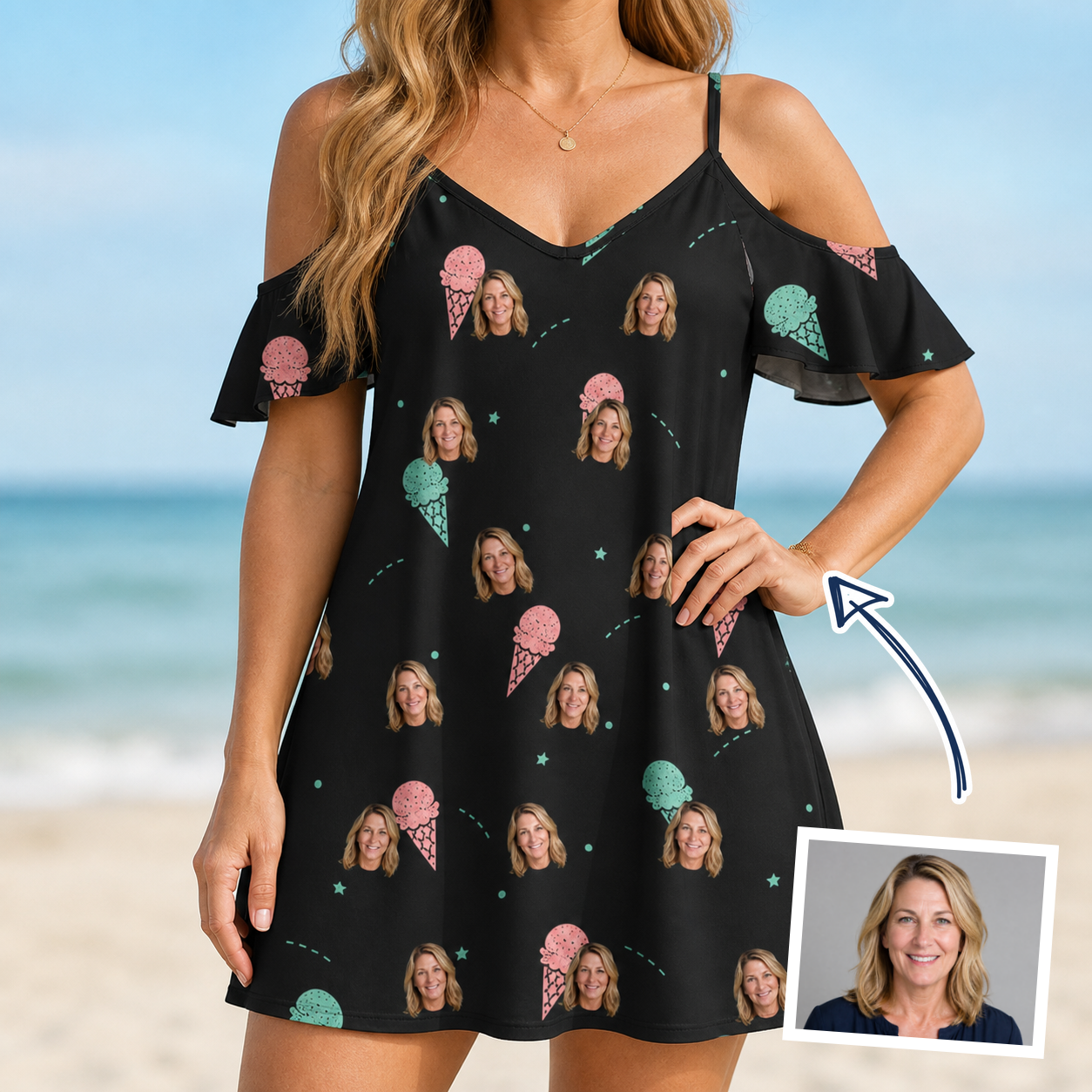 Woman wearing Women's Sundae Shore Custom Face Off-Shoulder Dress — custom faces printed all-over