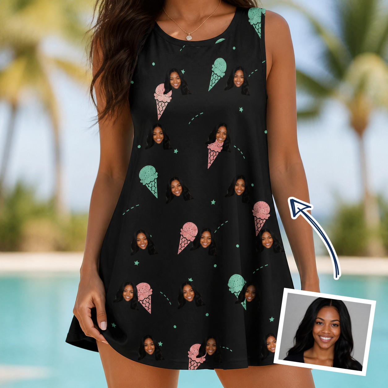 Woman wearing Women's Sundae Shore Custom Face Tank Dress — custom faces printed all-over