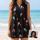 Woman wearing Women's Sundae Shore Custom Face V-Neck Dress — custom faces printed all-over
