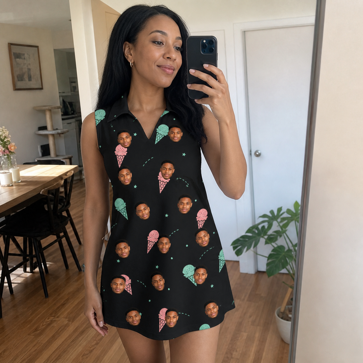 Real-life photo of someone wearing Women's Sundae Shore Custom Face V-Neck Dress — custom faces printed all-over