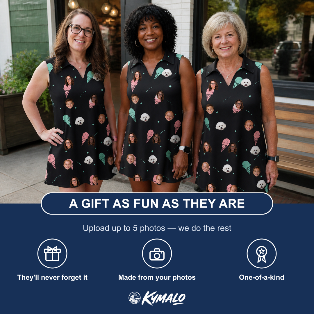 Friends in matching Women's Sundae Shore Custom Face V-Neck Dress — a group gift photo