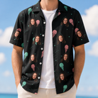 Man wearing Men's Sundae Shore Custom Face Hawaiian Shirt open over a white tee