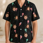 Model wearing Men's Sundae Shore Custom Face Hawaiian Shirt printed with kids' faces