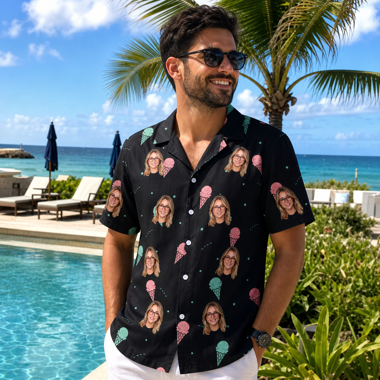 Real-life photo of someone wearing Men's Sundae Shore Custom Face Hawaiian Shirt — custom faces printed all-over