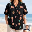 Woman wearing Women's Sundae Shore Custom Face Hawaiian Shirt — custom faces printed all-over