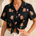 Woman wearing Women's Sundae Shore Custom Face Hawaiian Shirt tied at the waist