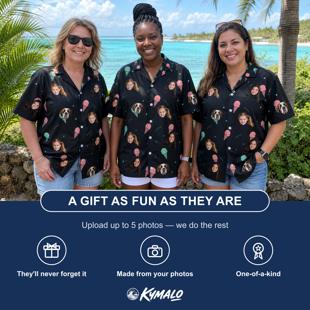 Friends in matching Women's Sundae Shore Custom Face Hawaiian Shirt — a group gift photo