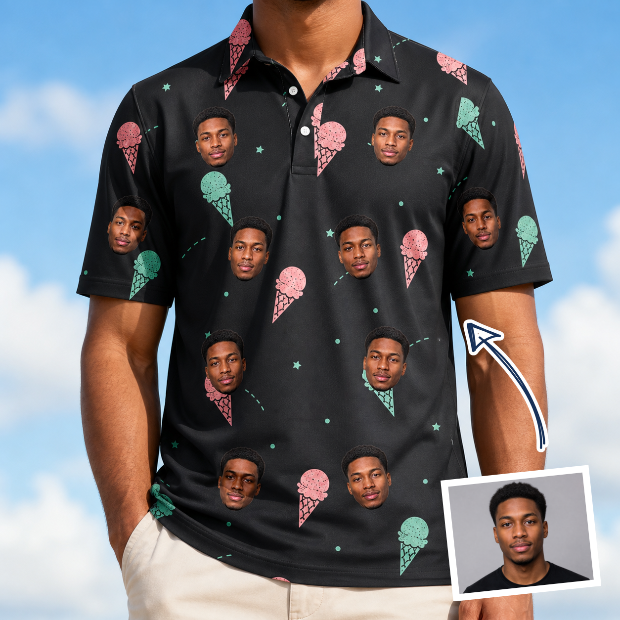 Man wearing Men's Sundae Shore Custom Face Polo Shirt — custom faces printed all-over