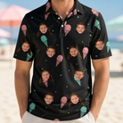 Model wearing Men's Sundae Shore Custom Face Polo Shirt printed with kids' faces