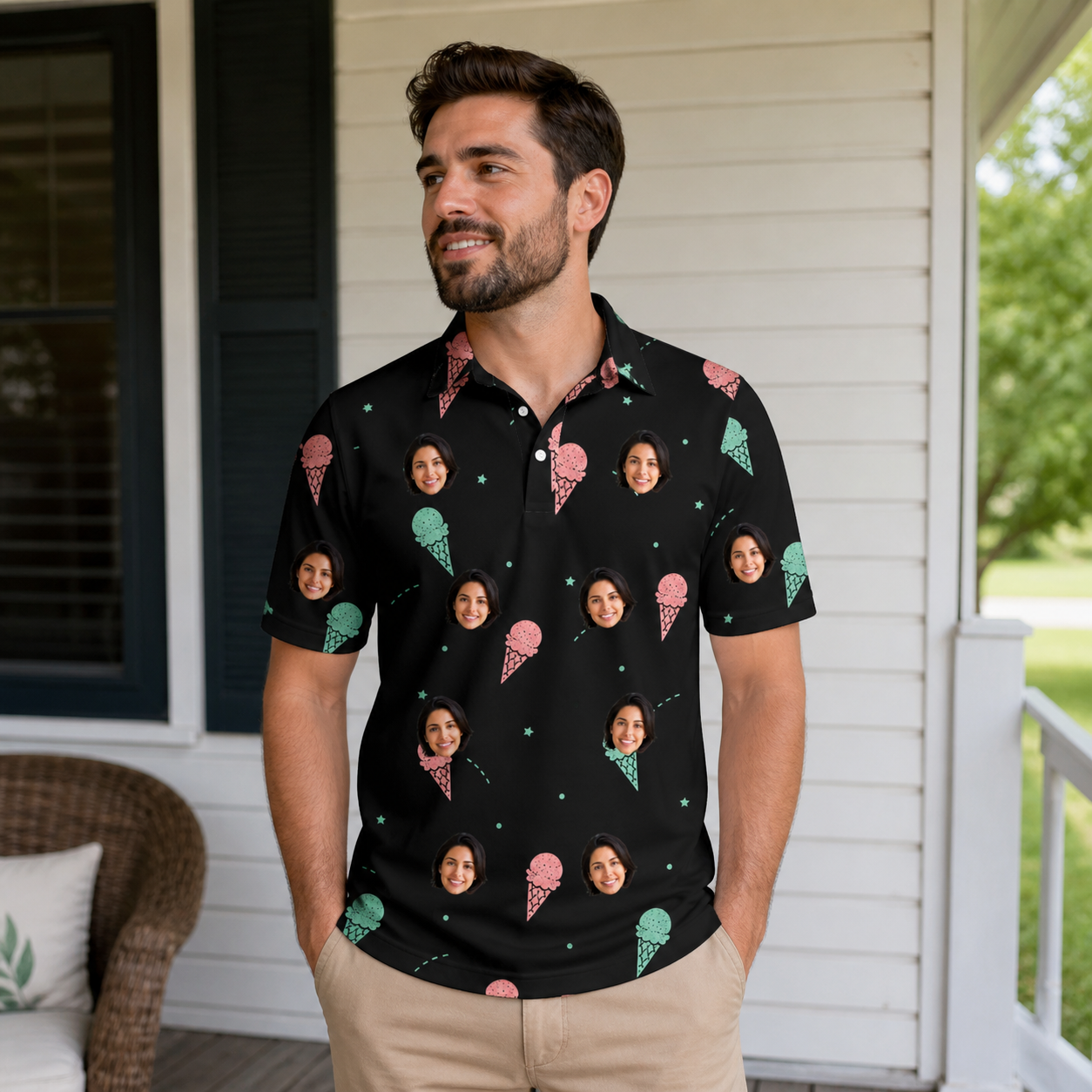 Real-life photo of someone wearing Men's Sundae Shore Custom Face Polo Shirt — custom faces printed all-over