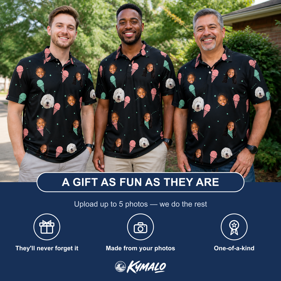 Friends in matching Men's Sundae Shore Custom Face Polo Shirt — a group gift photo