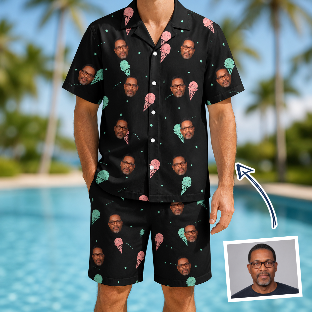 Man wearing Men's Sundae Shore Custom Face Shirt & Shorts Set — custom faces printed all-over