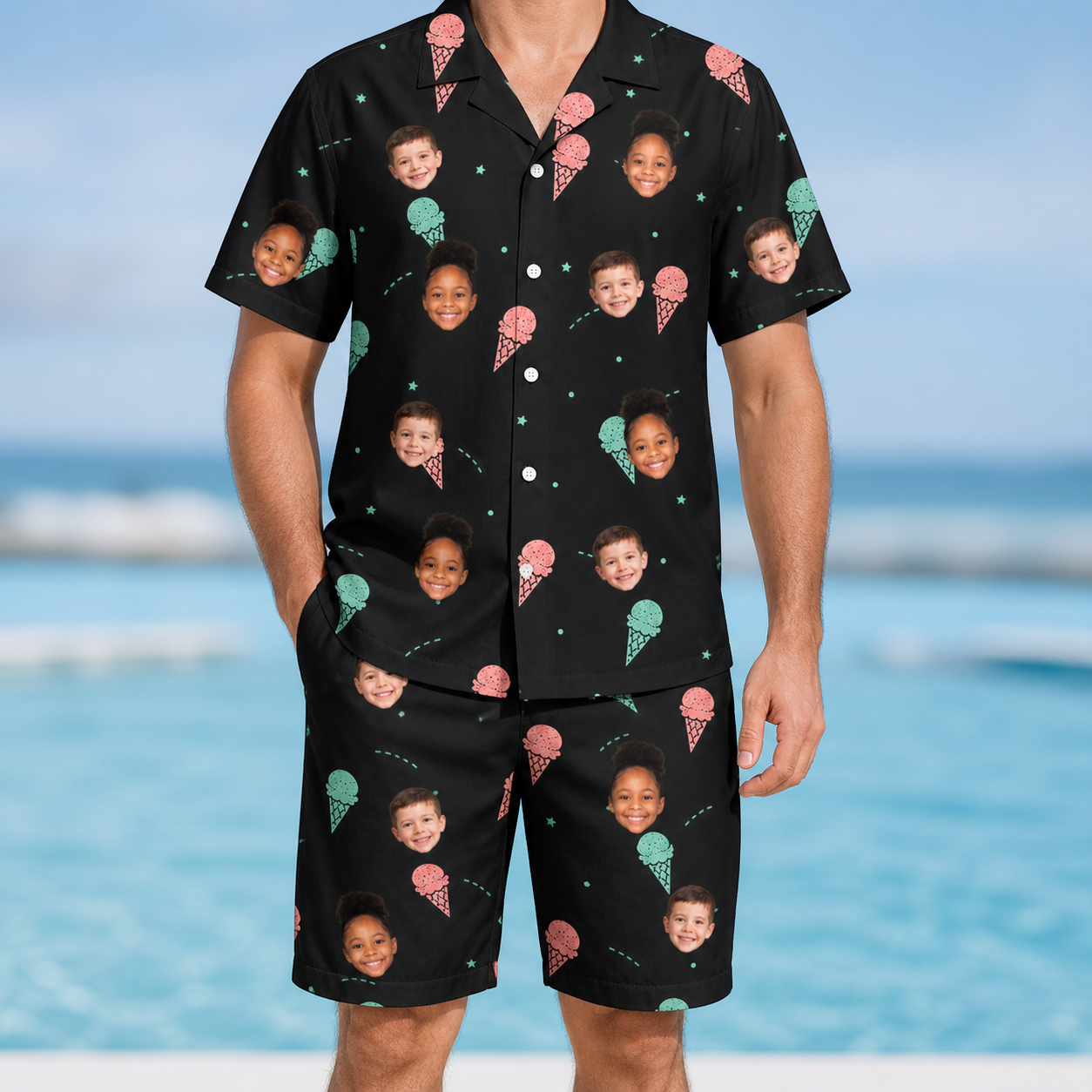 Model wearing Men's Sundae Shore Custom Face Shirt & Shorts Set printed with kids' faces