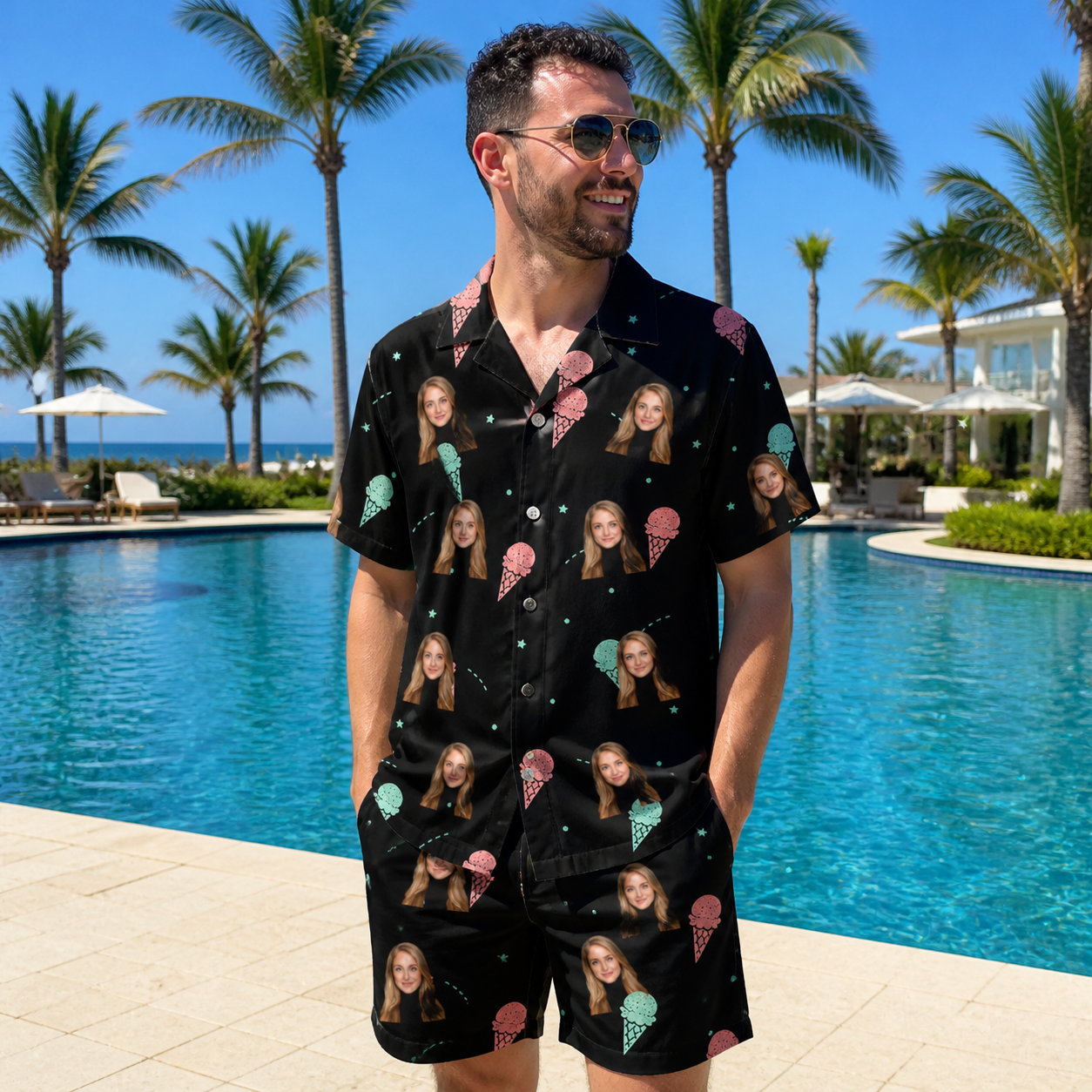 Real-life photo of someone wearing Men's Sundae Shore Custom Face Shirt & Shorts Set — custom faces printed all-over