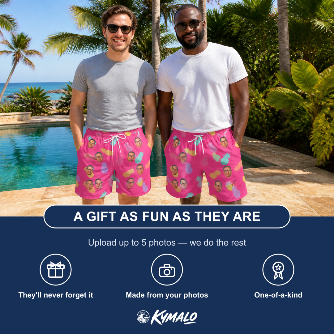 Friends in matching Men's Citrus Splash Custom Face Beach Shorts — a group gift photo