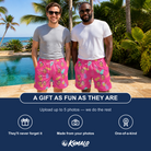 Friends in matching Men's Citrus Splash Custom Face Beach Shorts — a group gift photo
