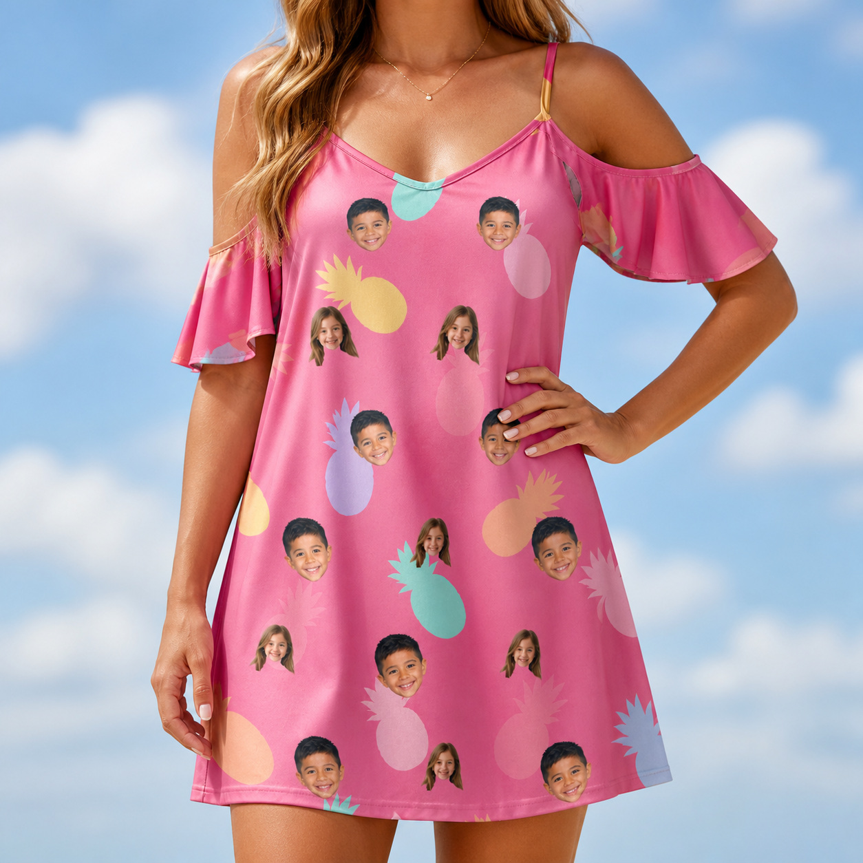 Model wearing Women's Citrus Splash Custom Face Off-Shoulder Dress printed with kids' faces