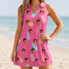 Model wearing Women's Citrus Splash Custom Face V-Neck Dress printed with kids' faces