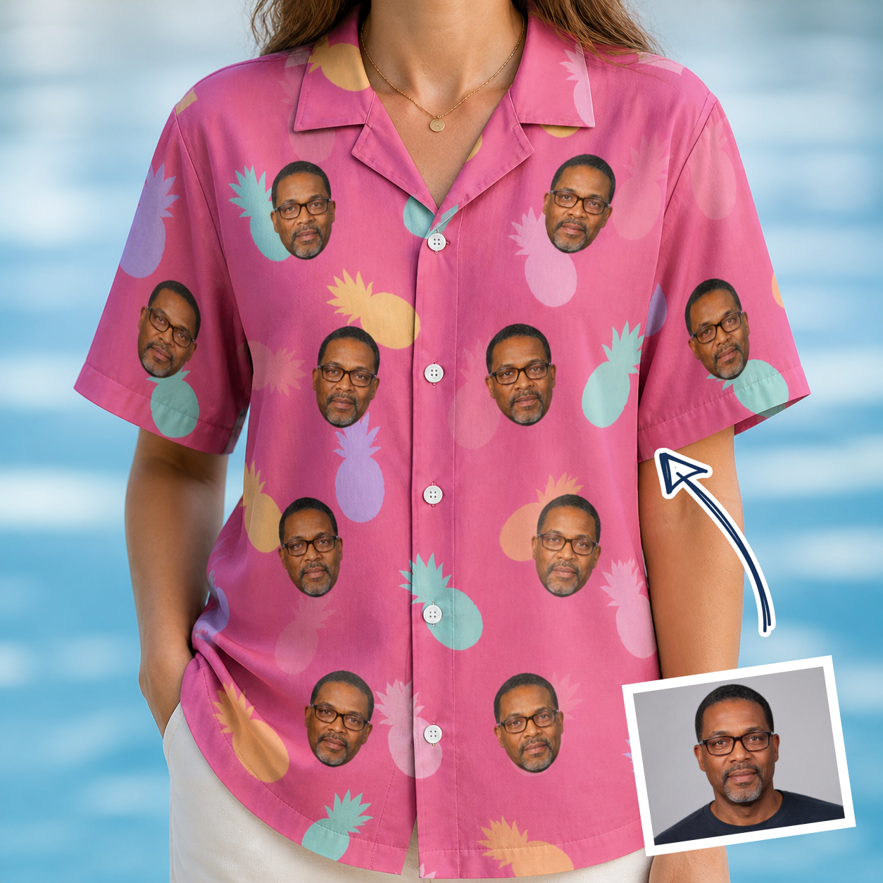 Woman wearing Women's Citrus Splash Custom Face Hawaiian Shirt — custom faces printed all-over
