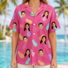 Model wearing Women's Citrus Splash Custom Face Hawaiian Shirt printed with kids' faces