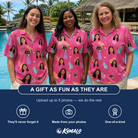 Friends in matching Women's Citrus Splash Custom Face Hawaiian Shirt — a group gift photo