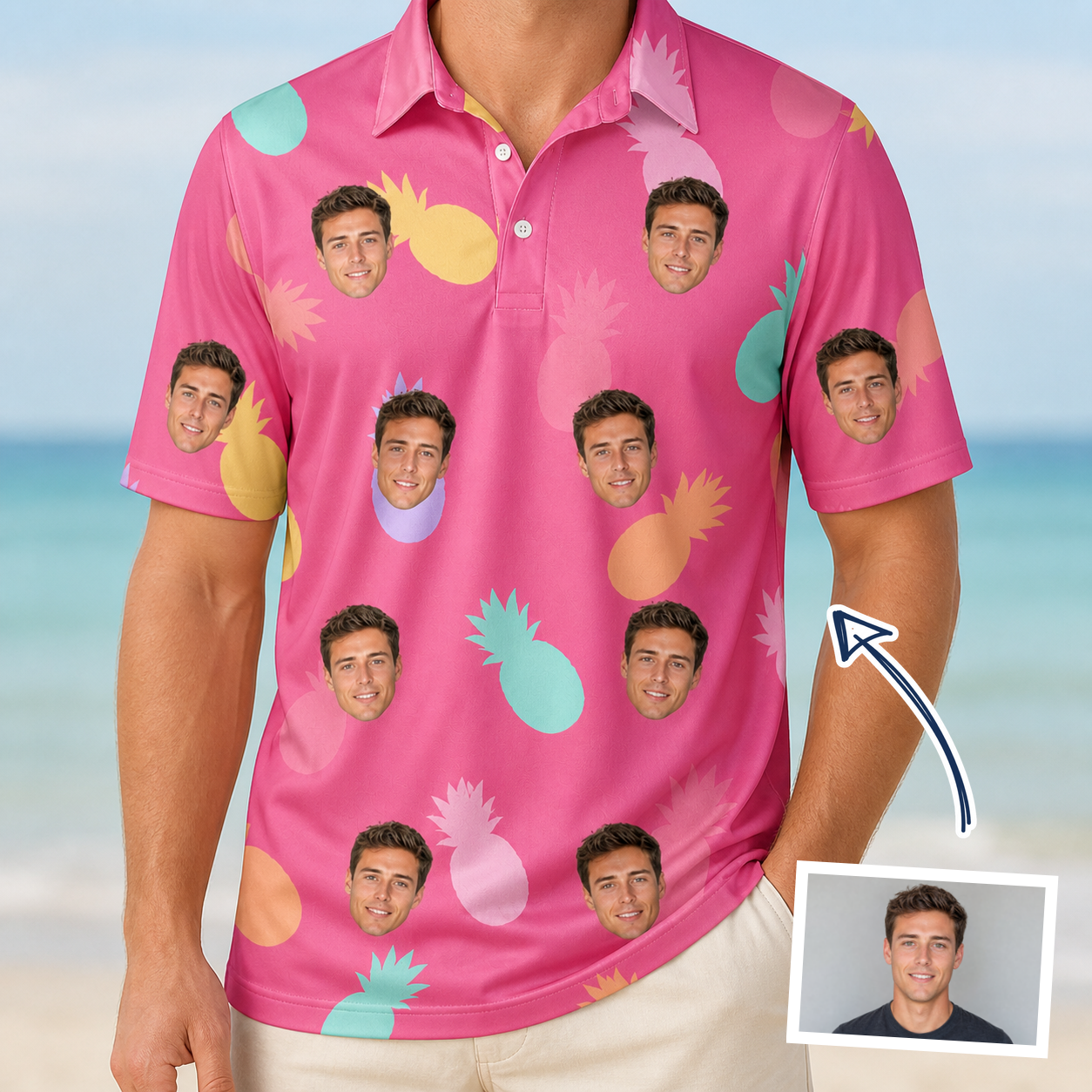 Man wearing Men's Citrus Splash Custom Face Polo Shirt — custom faces printed all-over