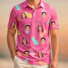Model wearing Men's Citrus Splash Custom Face Polo Shirt printed with kids' faces