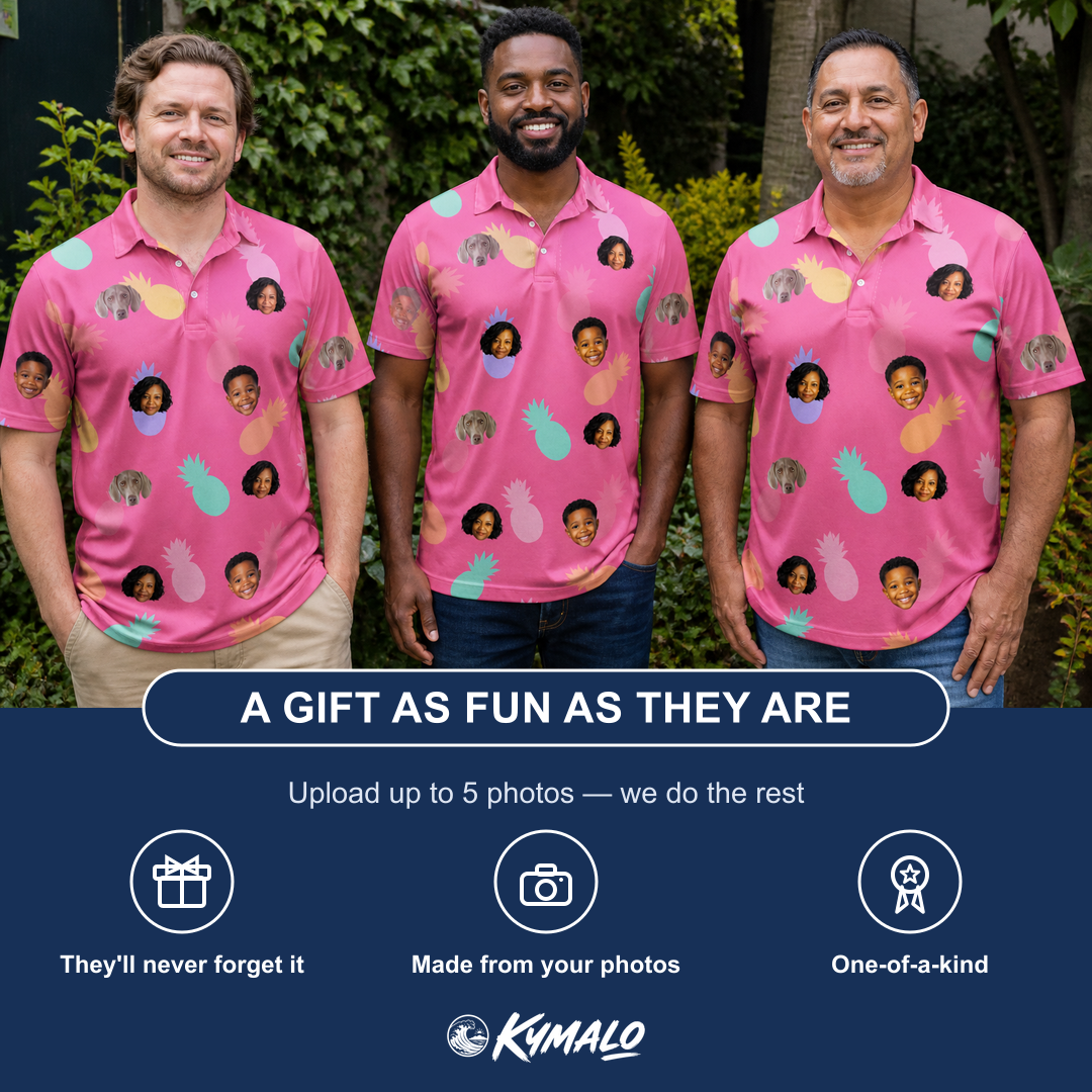 Friends in matching Men's Citrus Splash Custom Face Polo Shirt — a group gift photo
