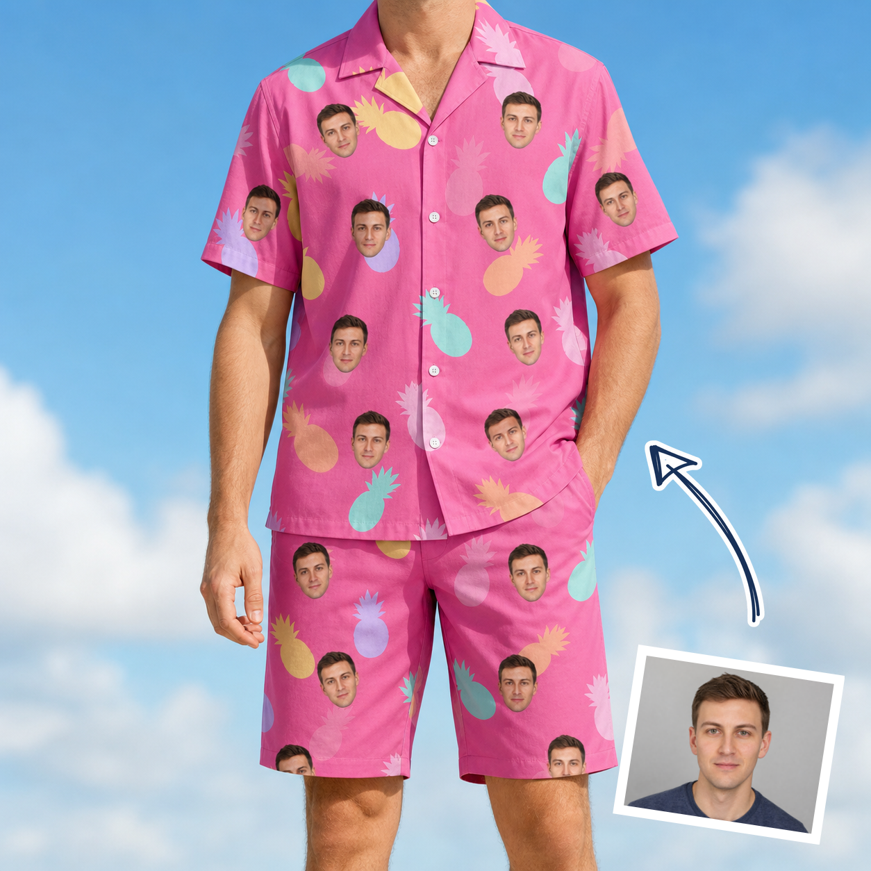 Man wearing Men's Citrus Splash Custom Face Shirt & Shorts Set — custom faces printed all-over