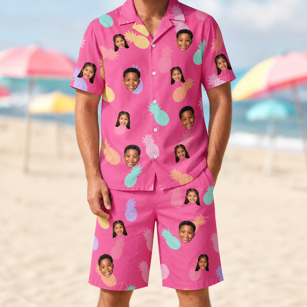 Model wearing Men's Citrus Splash Custom Face Shirt & Shorts Set printed with kids' faces